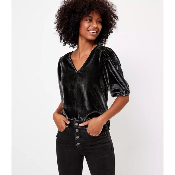 LOFT Tops - The Loft Plus Size Crushed Velvet Puff Sleeve V-Neck Blouse Top Shirt Grey 16